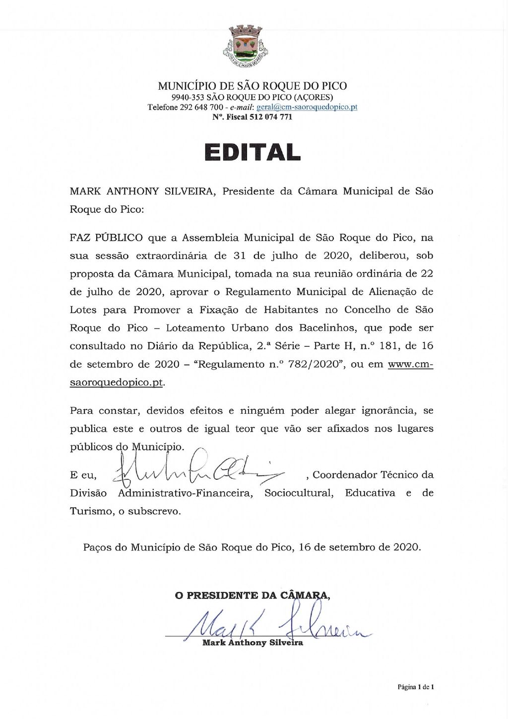 Regulamento Municipal para Alienação de Lotes Urbanos no lugar dos Bacelinhos, publicado em Diário da República