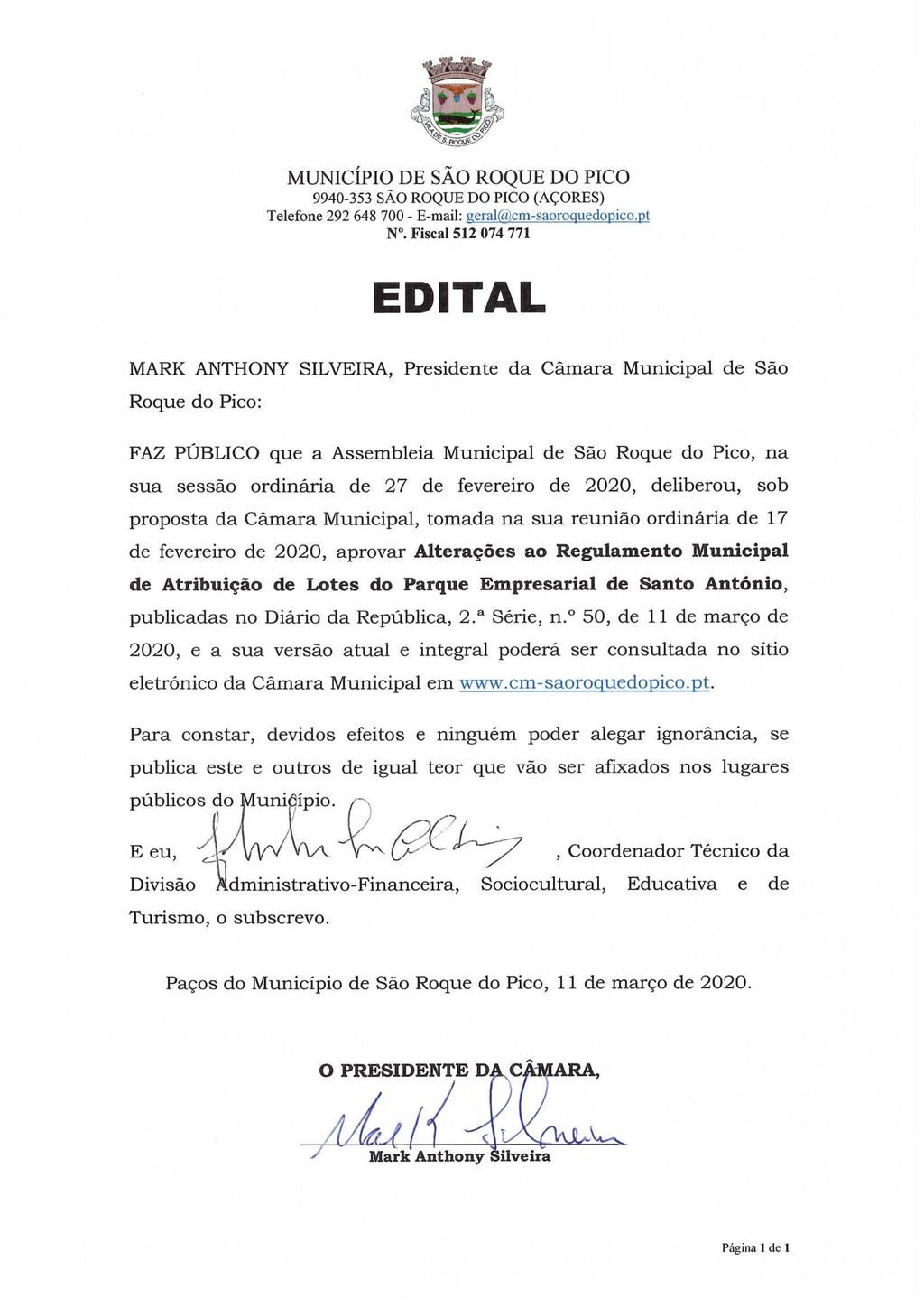 Alterações ao Regulamento Municipal de Atribuição de Lotes do Parque Empresarial de Santo António