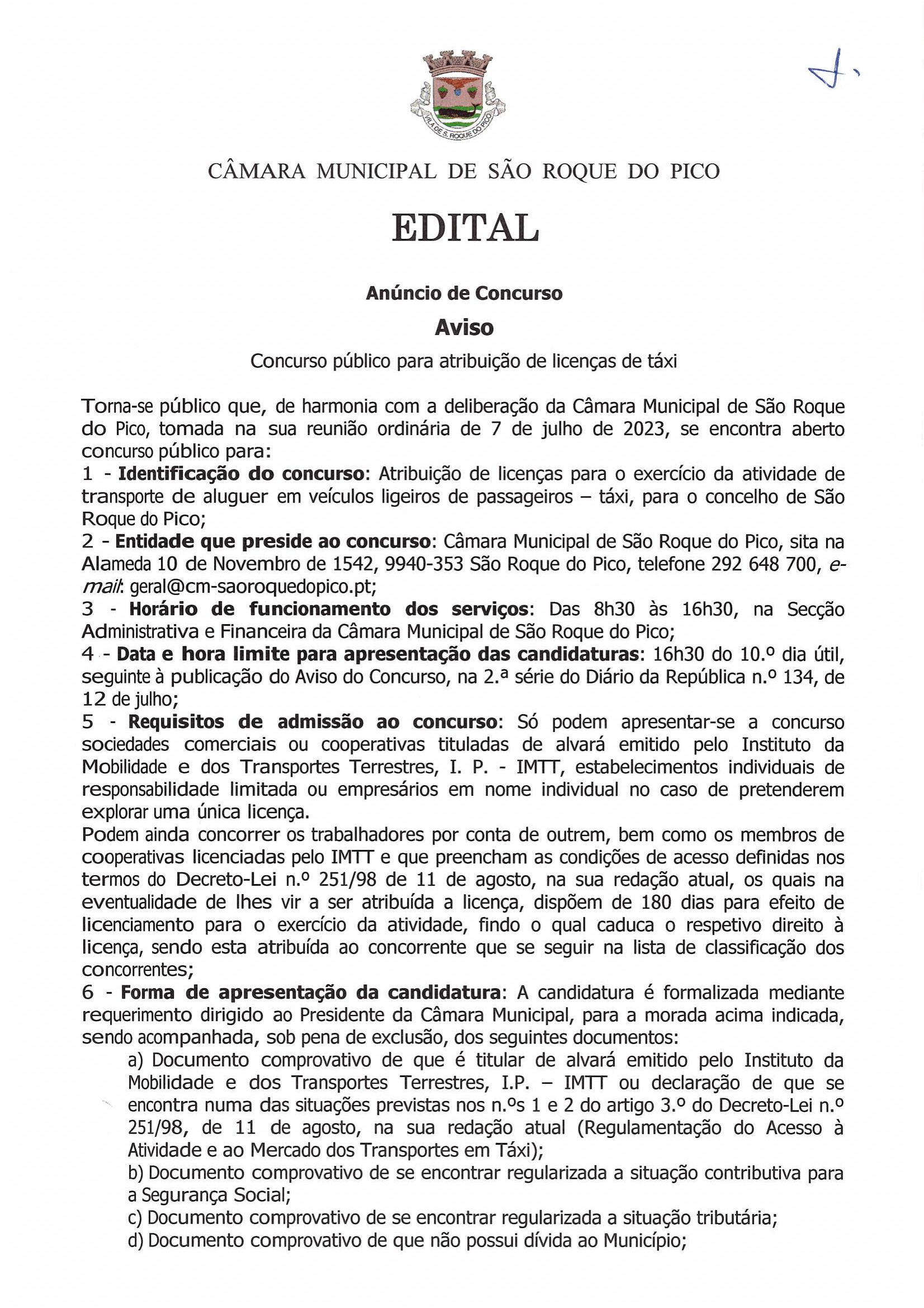 Edital - Concurso Público para atribuição de licenças de táxi