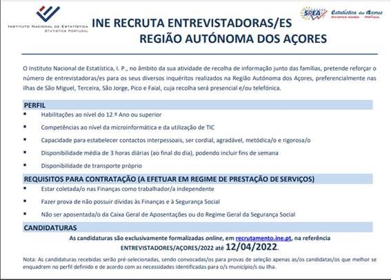 INE RECRUTA ENTREVISTADORE(A)S NA REGIÃO AUTÓNOMA DOS AÇORES