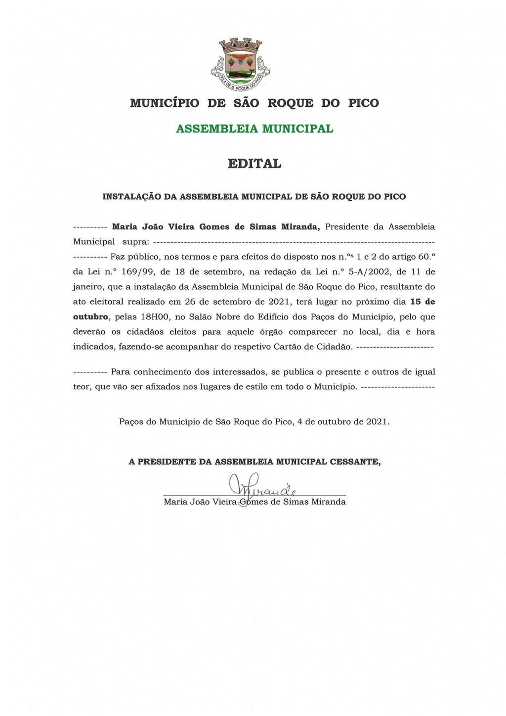 Instalação da Assembleia Municipal de São Roque do Pico