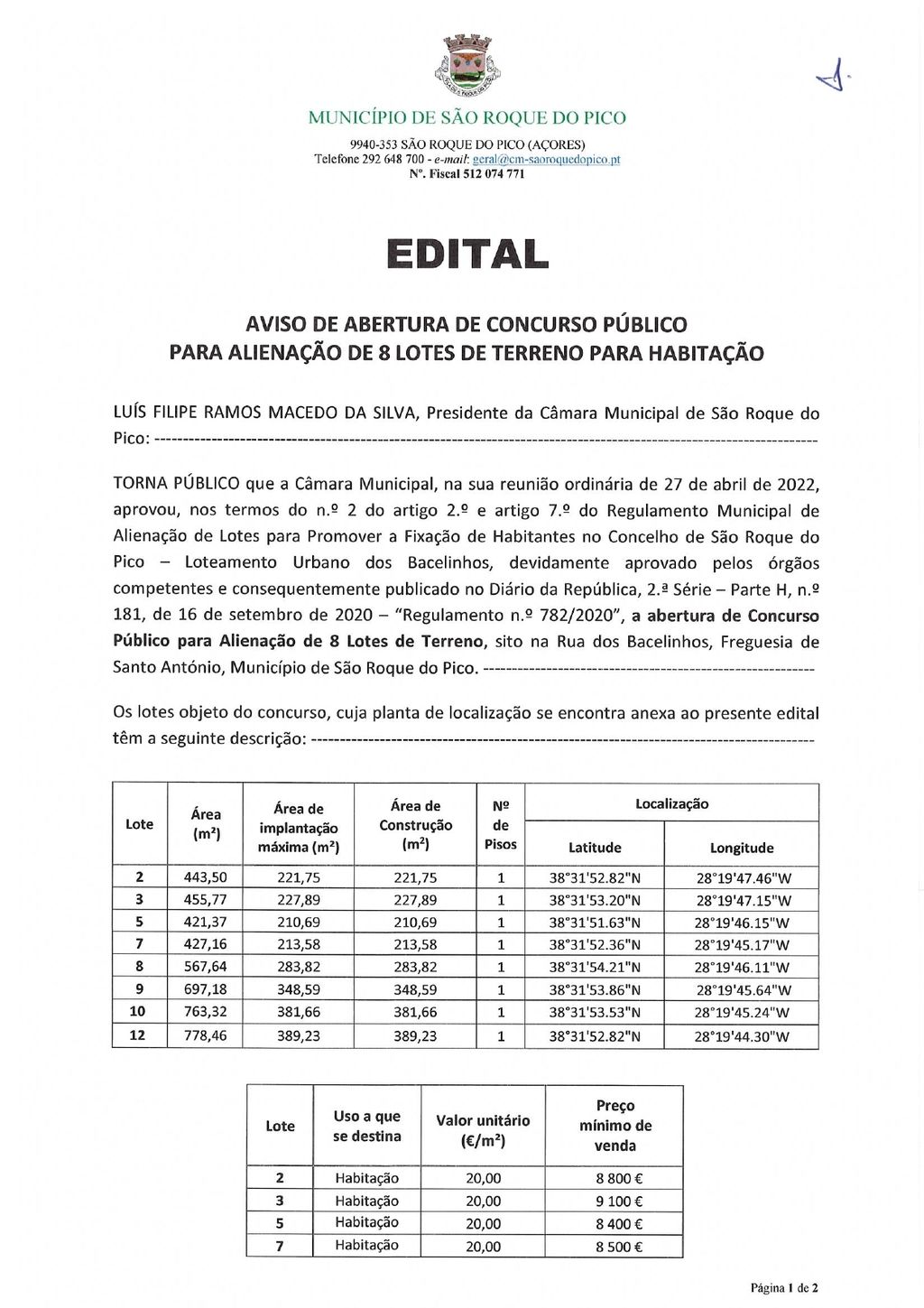 ABERTO CONCURSO PÚBLICO PARA ATRIBUIÇÃO DE OITO LOTES URBANOS NOS BACELINHOS