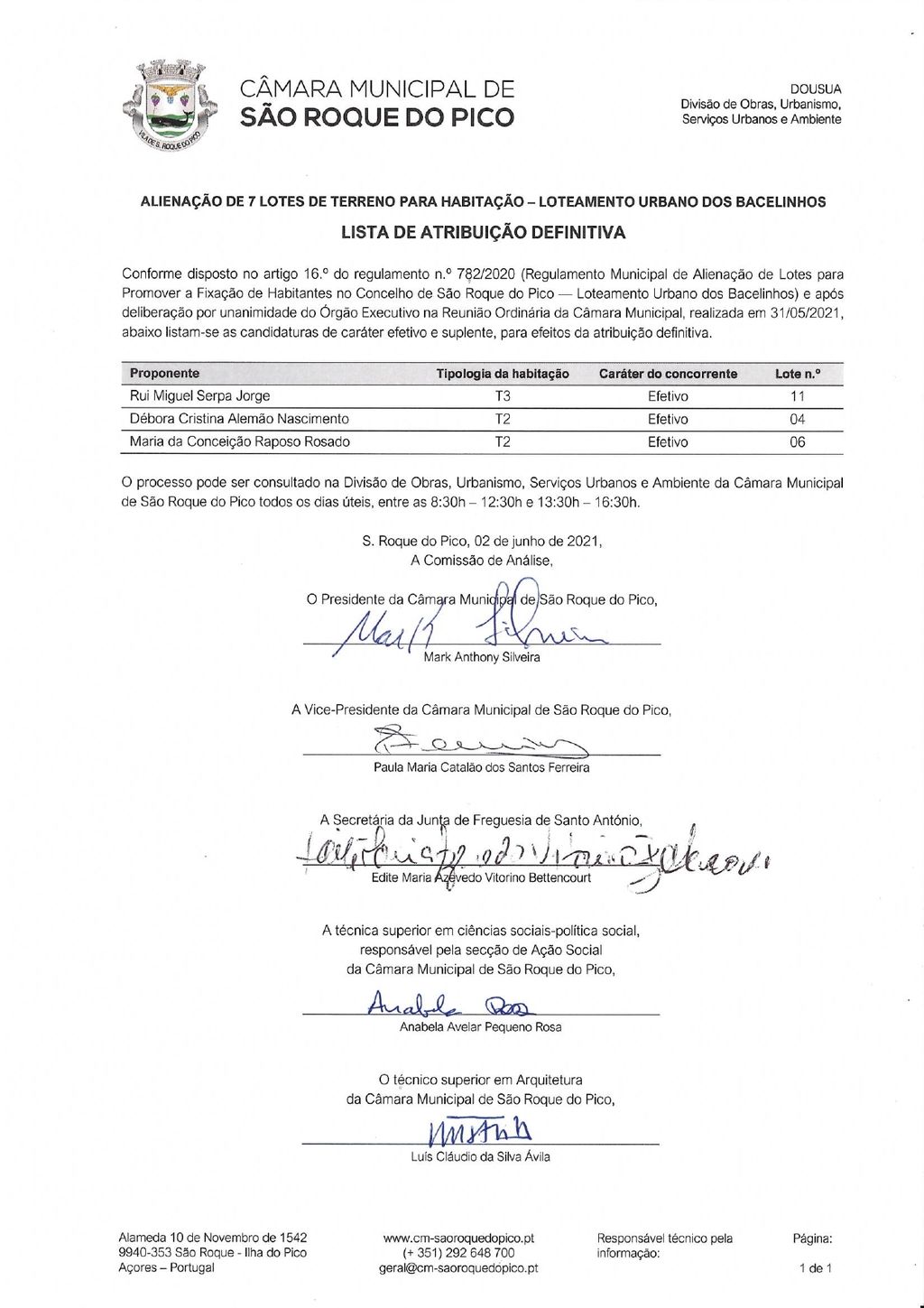 Lista definitiva de atribuição de lotes urbanos nos Bacelinhos