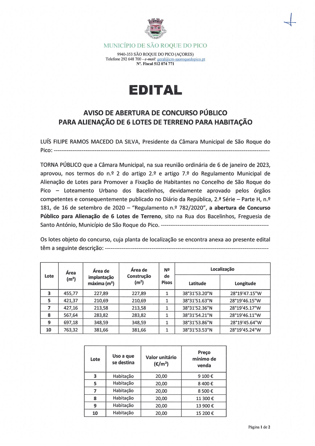 Aviso de Abertura de Concurso Público para Alienação de 6 Lotes de Terreno para Habitação