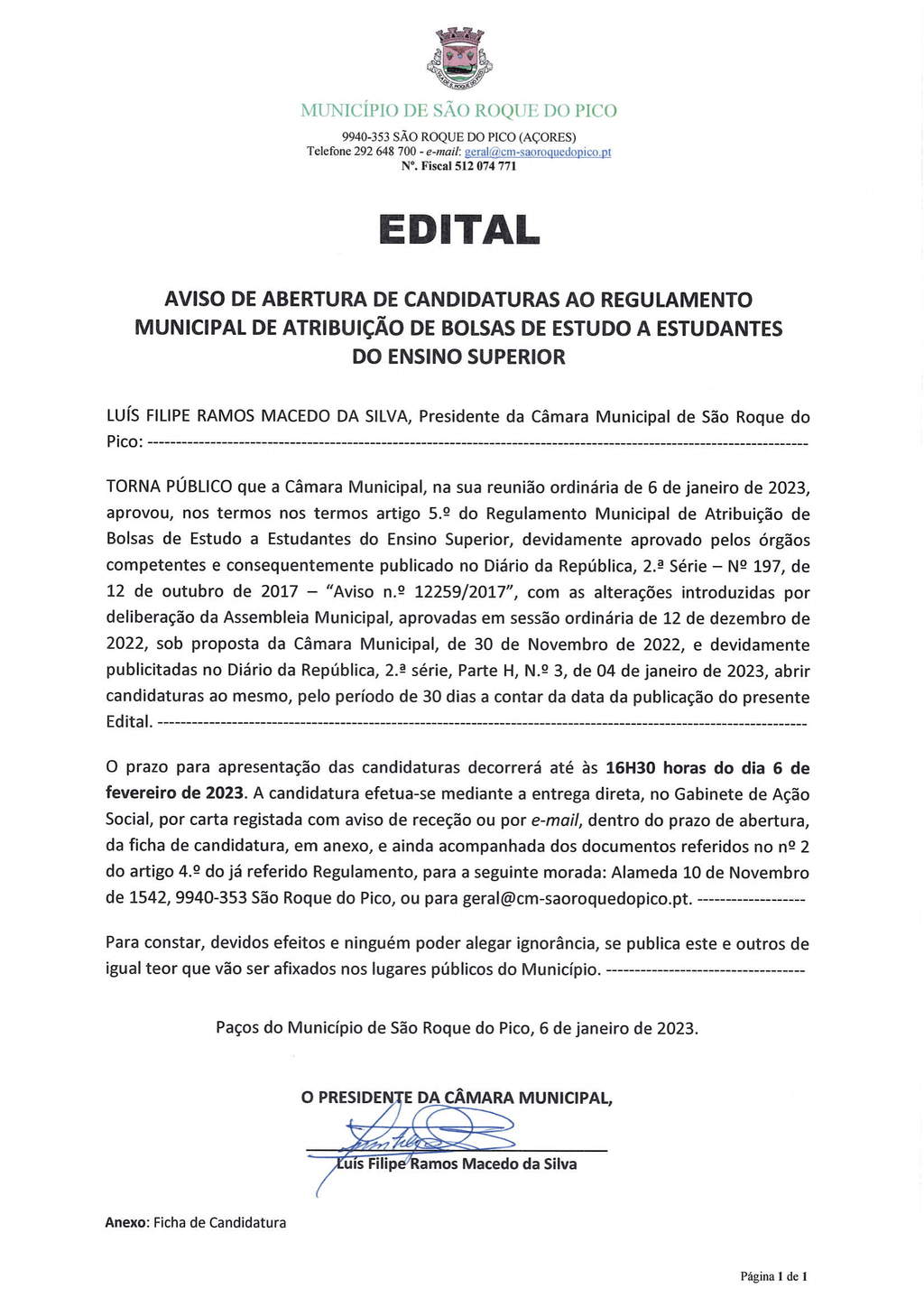 Aviso de Abertura de Candidaturas ao Regulamento Municipal de Atribuição de Bolsas de Estudo a Estudantes do Ensino Superior